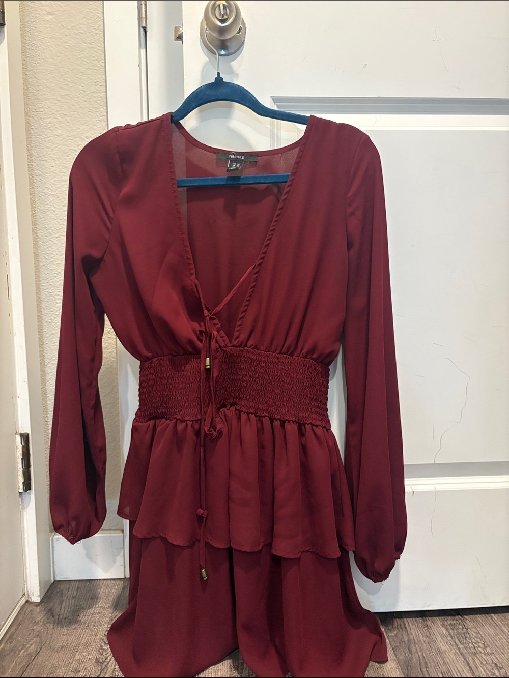 Forever 21 Burgundy Long-Sleeve Tiered V-Neck Dress